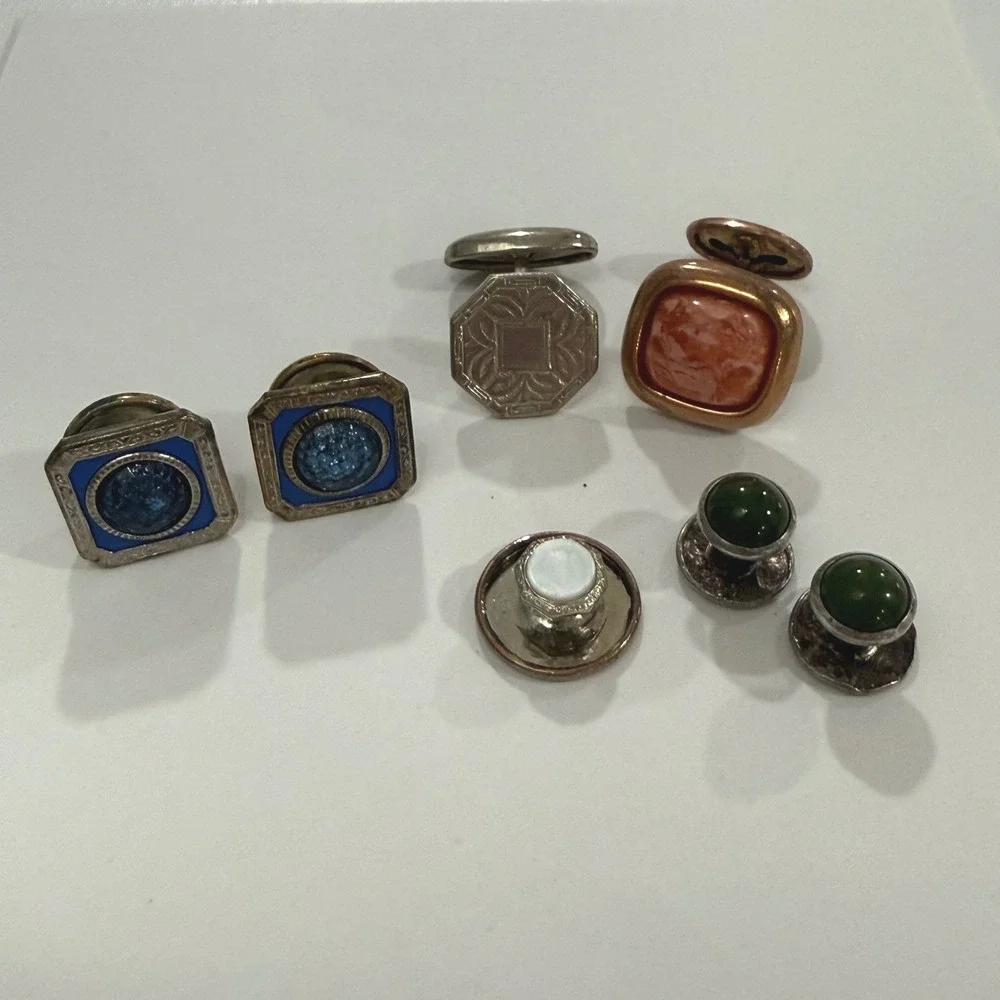 Vintage Cufflinks Shirt Studs Lot Blue Enamel Green Sterling Art Deco Style JC29